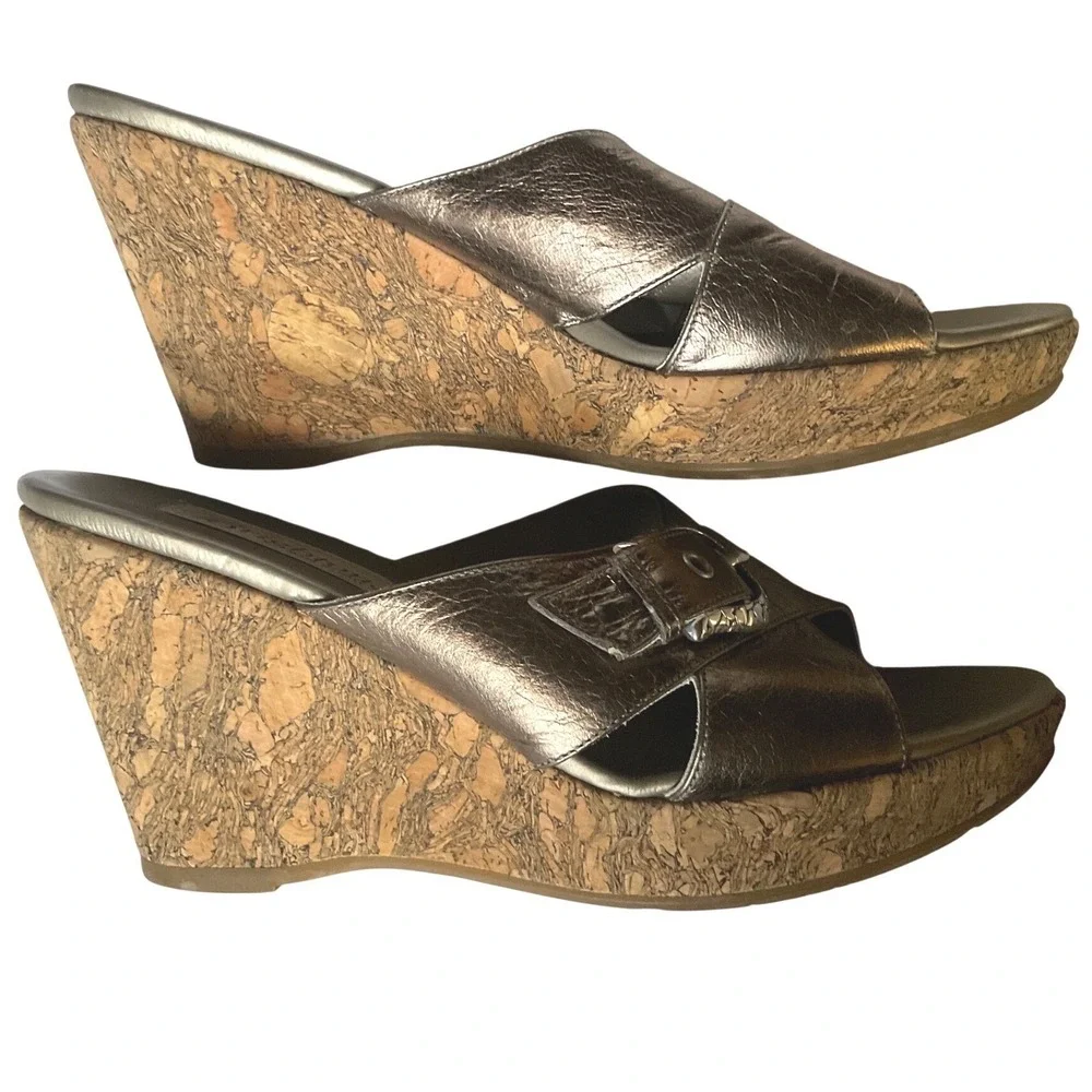 Brighton Metallic Bronze Leather Cork Wedge Sandals Made‎ in Italy Womens 9